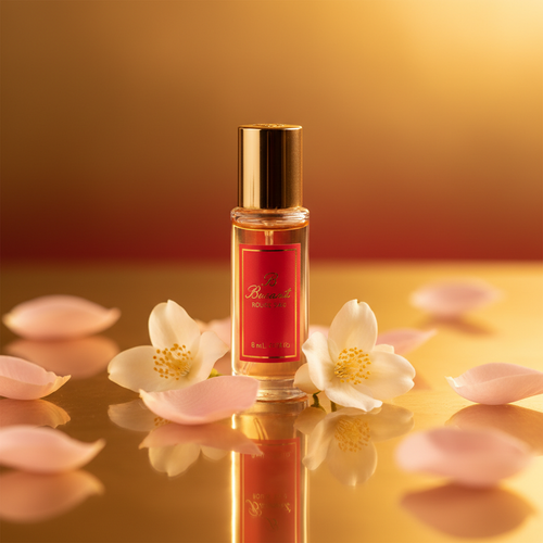 Baccarat Rouge 540 decant on gold surface with rose petals and jasmine