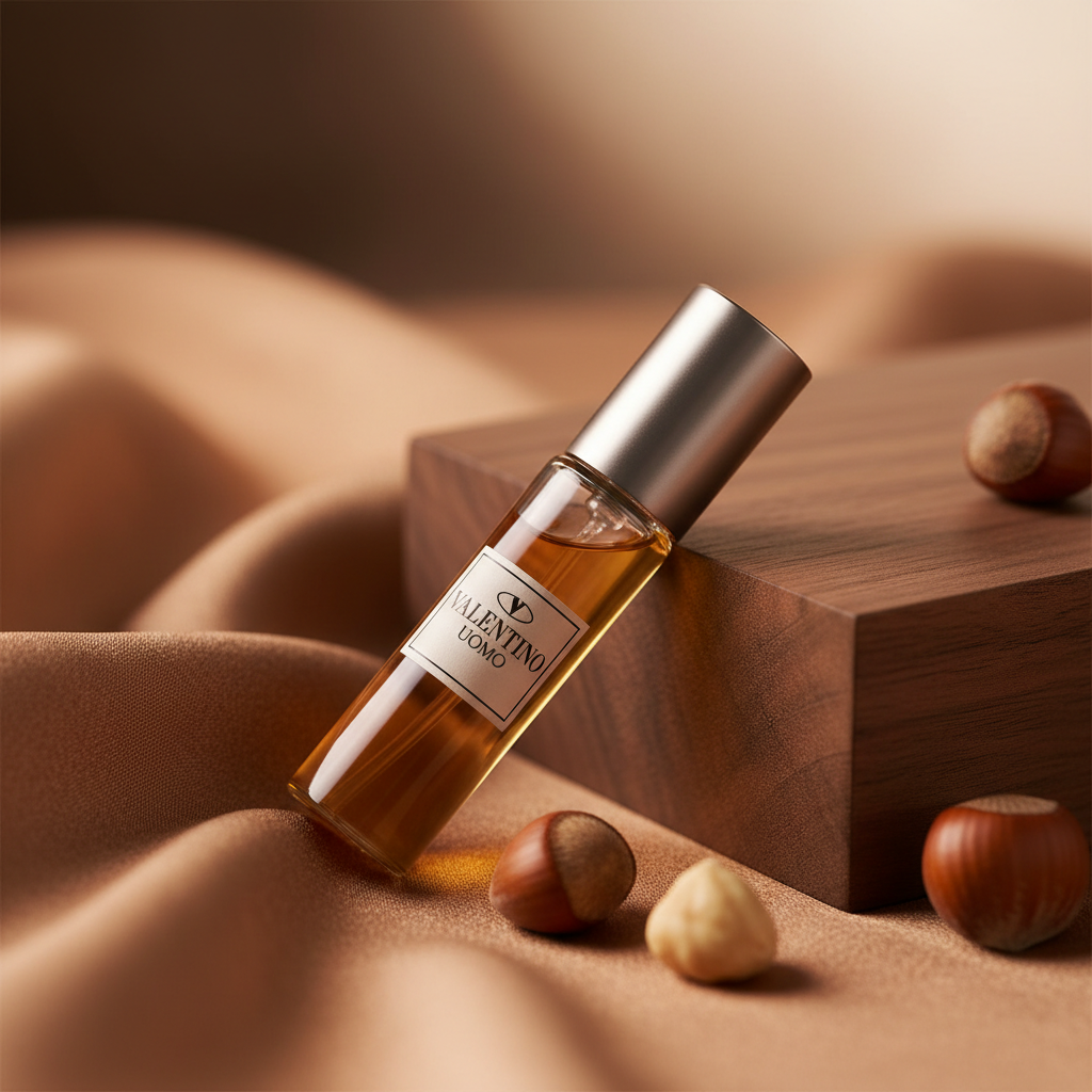 Close-up of Valentino Uomo perfume decant on luxury fabric