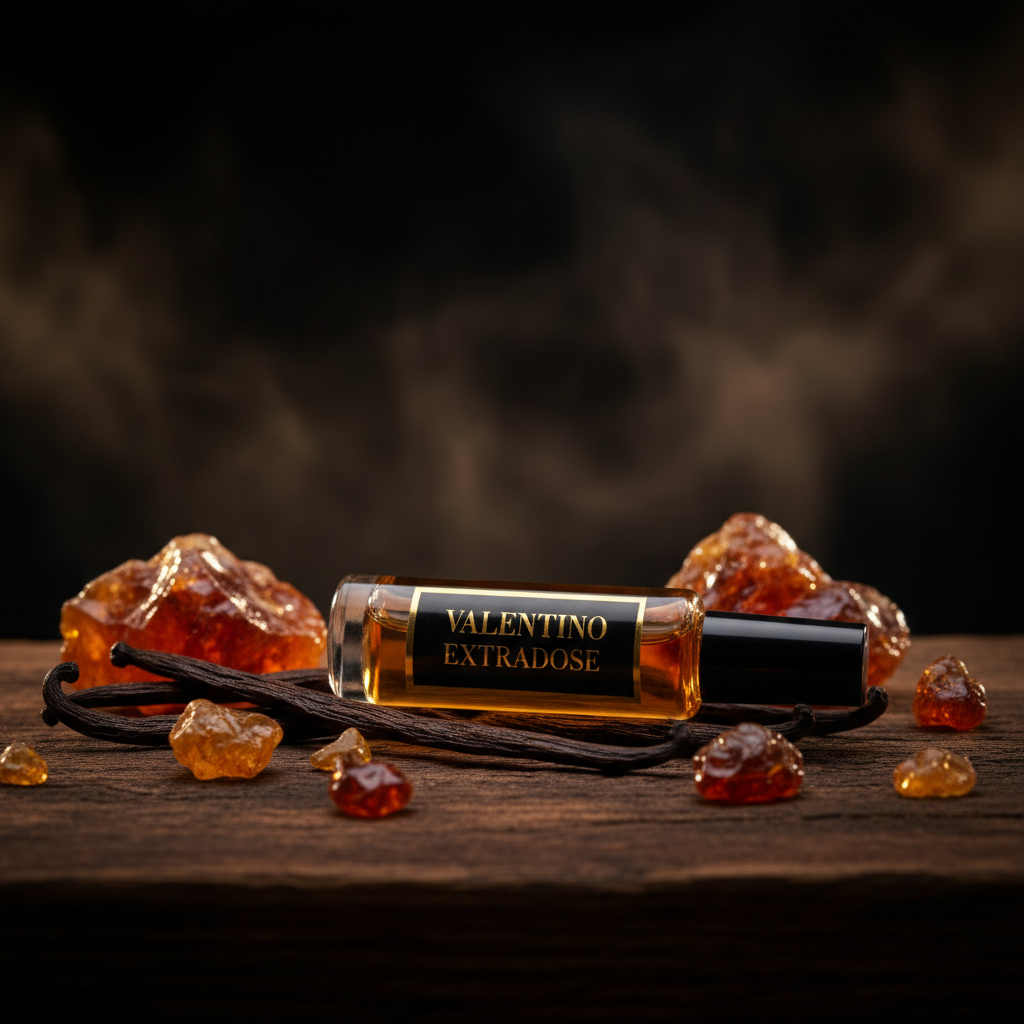 Close-up of Valentino Extradose perfume decant with vanilla and amber