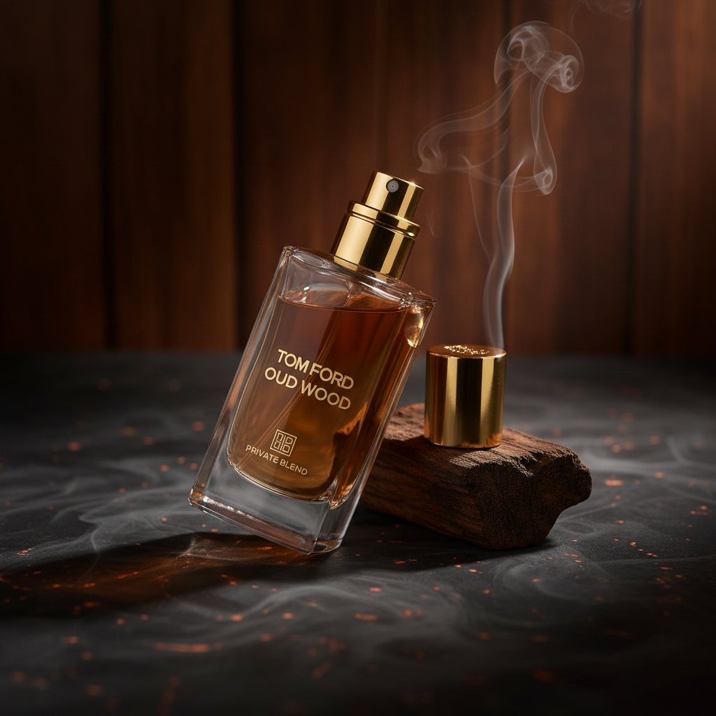Tom Ford Oud Wood 8mL perfume decant on dark smoky surface