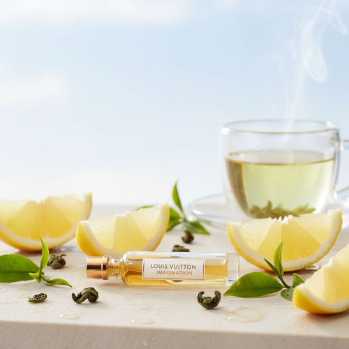 Close-up of LV Imagination perfume decant with lemon and green tea