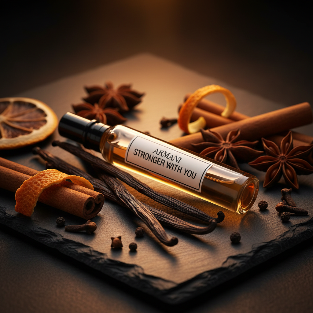 Close-up of Armani Stronger With You perfume decant with vanilla and spices