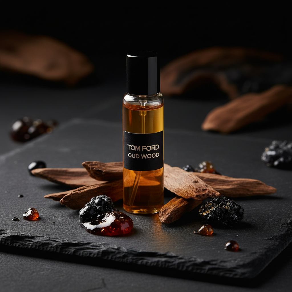 Close-up of Tom Ford Oud Wood perfume decant with oud wood chips
